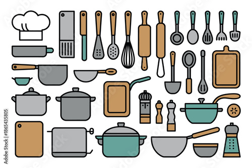 A collection of various kitchen utensils and cookware on a clean white background