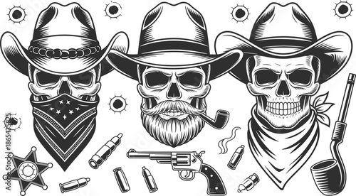 Western skull illustration, cowboy hat skeleton, outlaw art, vintage tattoo style, smoking pipe, sheriff badge, bullet holes, edgy design