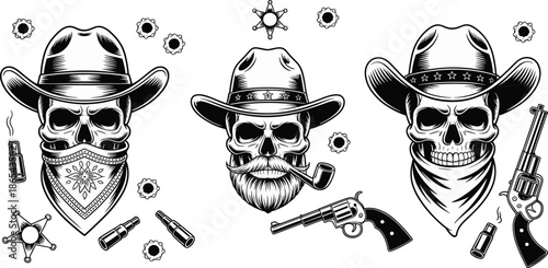 Western skull illustration, cowboy skeleton art, vintage outlaw design, smoking bullets, sheriff badge, revolver, bandana, beard, pipe, wild west