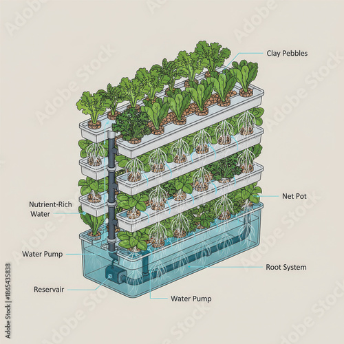 A detailed diagram illustrating how a vertical hydroponic farming system works, from the reservoir and water pump to the nutrient-rich water feeding the root systems in net pots. Vector illustration