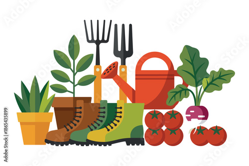A colorful illustration of gardening tools and fresh produce on a white background