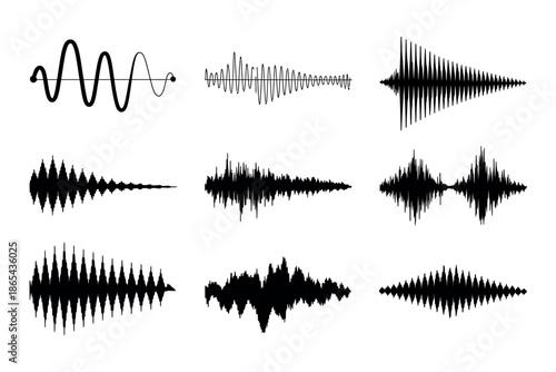 A collection of various sound wave patterns on a white background
