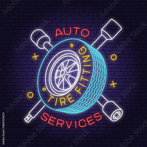 Auto service logo, emblems in neon style. Tire fitting. Vector. Service car repair, restoration and car club design elements. Auto repair emblem sign, night bright advertising car service