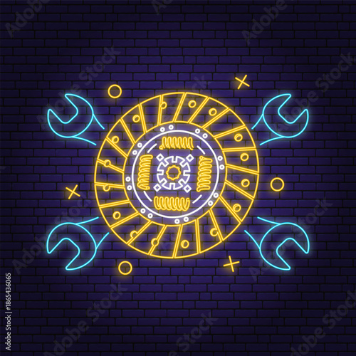 Auto service logo, emblems in neon style. Vector. For expert service car repair center, restoration and car club with wrench and vehicle clutch. Auto repair emblem sign, night bright advertising car