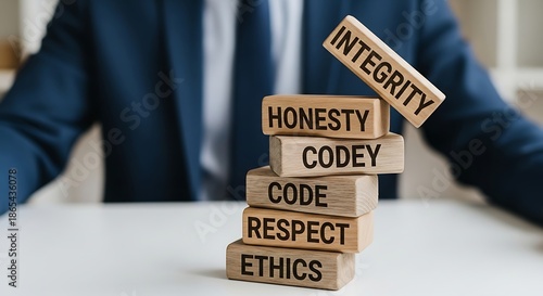 Businessman showing integrity and ethical values with wooden blocks.
