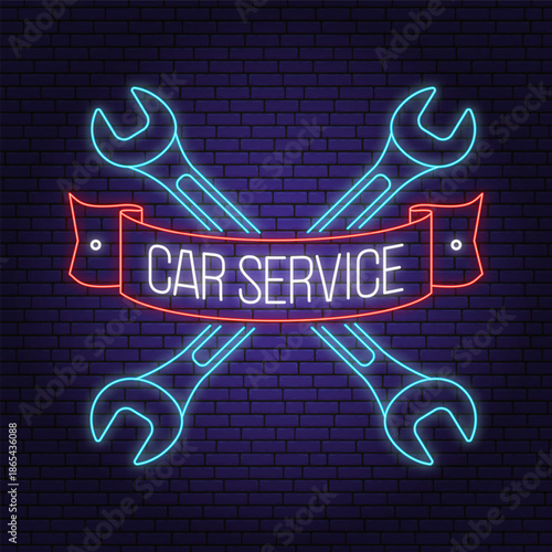 Auto service logo, emblem, badge in neon style. Vector. Service car repair, restoration and car club design elements. Auto repair emblem sign, night bright advertising car service