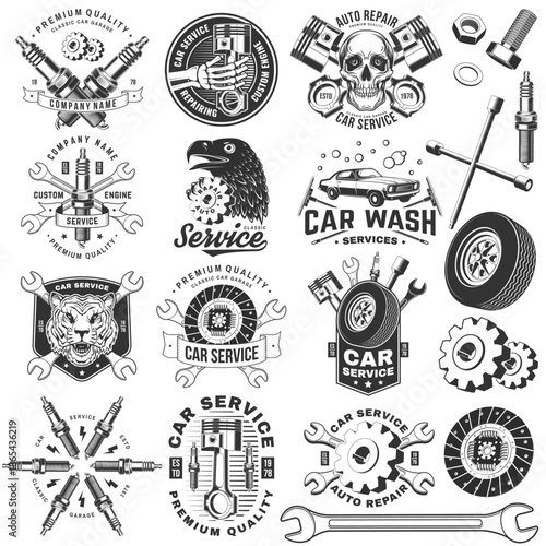 Auto service logo, emblems, badges and icons. Vector. For expert service car repair center, restoration and car club with wrench, gears, spark plug, skull, automobile tools pistons silhouette