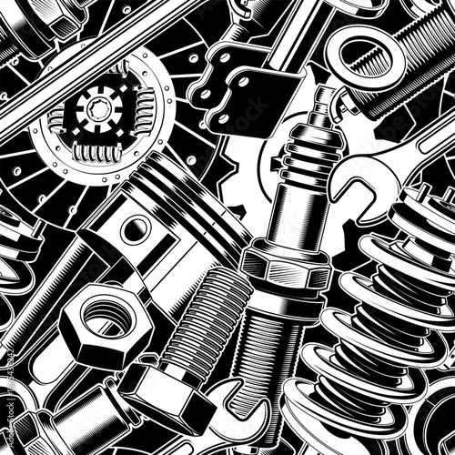 Auto parts seamless background. Vector. Background, wallpapers for a garage, car service, or fabric print.