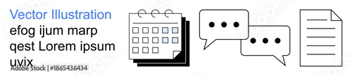 Planning, communication, organization, scheduling, documentation, productivity. Minimalist icons of a calendar, chat bubbles and a document. Planning and communication concept
