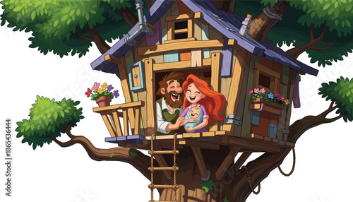 Whimsical treehouse, cozy family moment, nature retreat, wooden cabin, happy parents, baby love, storytelling scene, outdoor lifestyle, cartoon illustration, peaceful home