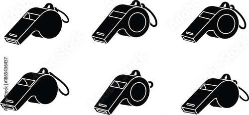 Whistle icon set, black and white illustration, sports referee tool, emergency signal device, isolated vector, multiple angles, simple design