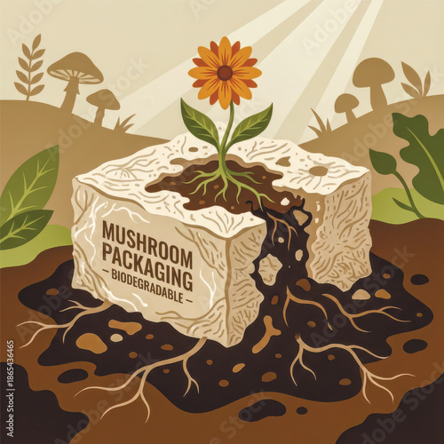 Illustration showing biodegradable mushroom packaging decomposing into soil and nourishing a new flower, representing a sustainable, zero-waste cycle. Vector illustration