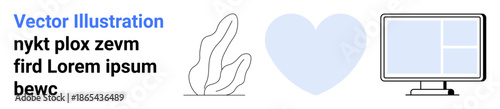 Digital communication, technology, user interface, design, creativity, love and connection. Abstract computer icon, heart shape and plant outline. Digital communication and technology metaphors