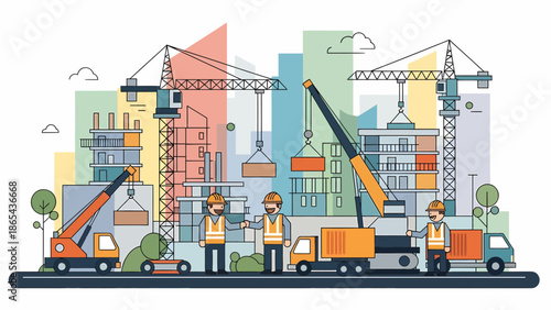 Construction Site Illustration with Cranes Workers and Building Structures.