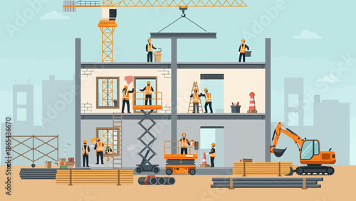 Construction Site Illustration Workers Building a Structure with Crane and Excavator.