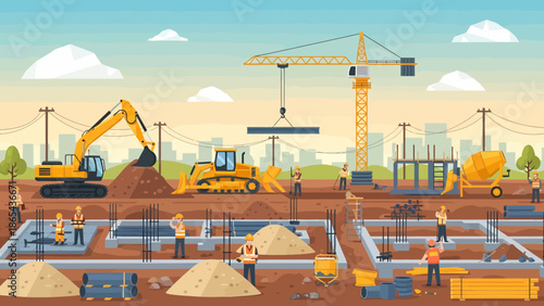 Construction Site Illustration with Heavy Machinery and Workers 1.