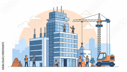 Construction Site Illustration Workers Building a Modern Skyscraper.