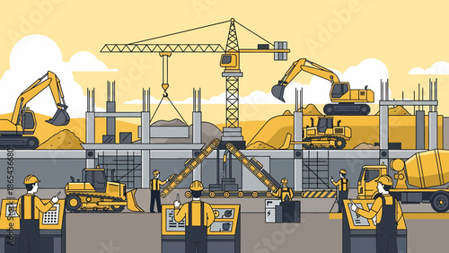 Construction Site Illustration with Heavy Machinery and Workers.