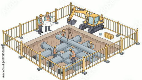 Construction Site Illustration Workers Installing Pipes in a Trench.