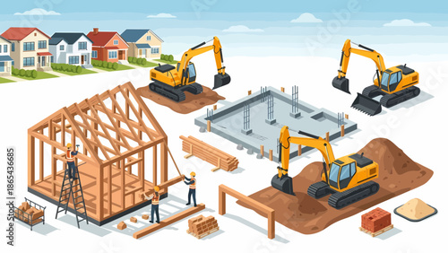 Construction Site Isometric View with Houses and Heavy Machinery.