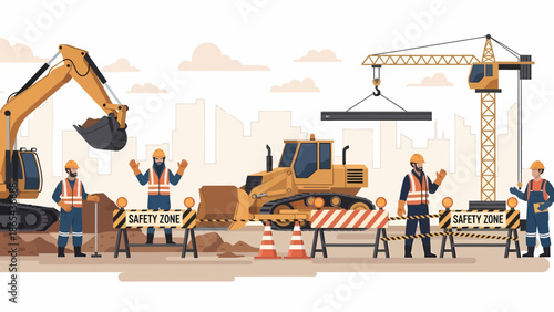 Construction Site Safety Zone with Heavy Machinery and Workers.