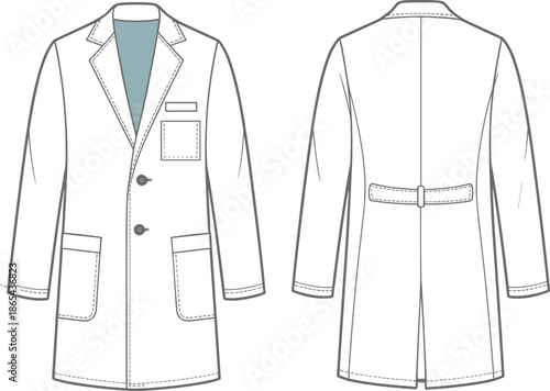 White lab coat, medical uniform, front and back view, fashion illustration, hospital attire, doctor coat, technical drawing, healthcare garment