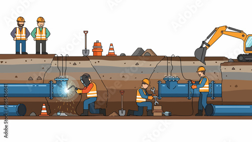 Construction Workers Installing Pipelines with Heavy Machinery and Safety Measures.