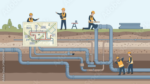 Construction Workers Installing Underground Pipeline System with Blueprint.