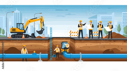Construction Workers Installing Underground Pipeline with Excavator.