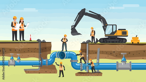 Construction Workers Installing Underground Pipeline with Heavy Machinery.