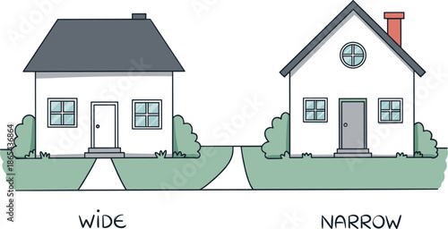 Wide and narrow house comparison, architectural contrast, urban design, residential buildings, front yard bushes, sidewalk view, real estate concept, illustration