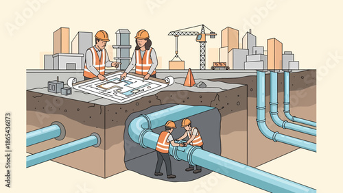 Construction Workers Installing Underground Pipes with Cityscape Backdrop.