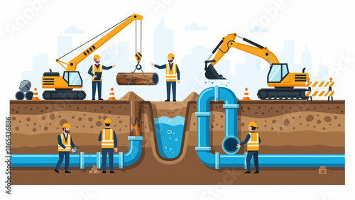 Construction Workers Installing Underground Pipes with Heavy Machinery 2.