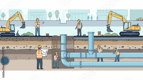 Construction Workers Installing Underground Pipes with Heavy Machinery 3.