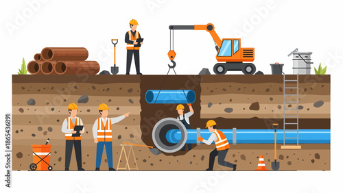 Construction Workers Installing Underground Pipes with Heavy Machinery.