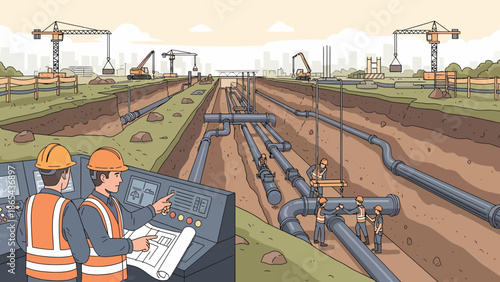 Construction Workers Overseeing Pipeline Installation with Cranes and Heavy Machinery.