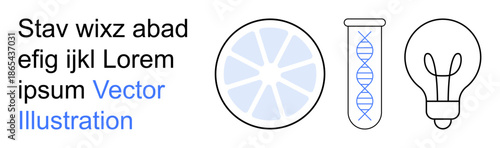 Science education, innovation, creativity, molecular research, design concepts, data presentation. DNA helix in a test tube, a light bulb and a circle slice. Science education and innovation theme