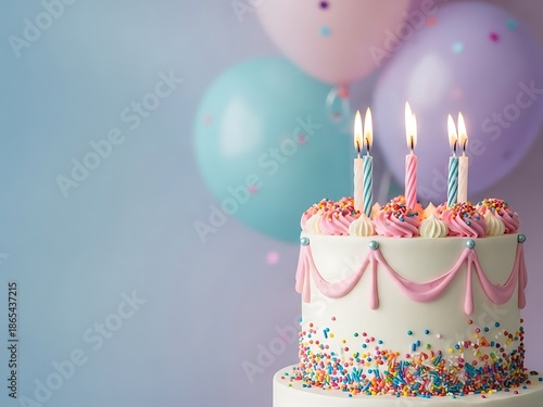 Close Up Birthday Cake with Burning Candles and Sprinkles. Generative Ai
