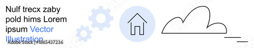 Technology, cloud storage, smart home, digital solutions, innovation, and automation. Abstract design with cloud icon, gear shapes and house symbol. Technology and cloud storage concept