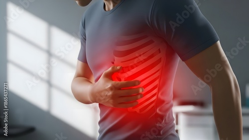 Man suffering from acute chest and rib pain, with red glow indicating internal discomfort or injury. Healthcare and medical concept.