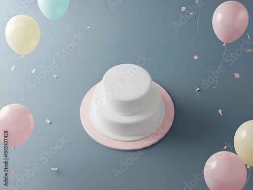Blank Two Tier Cake Mockup with Pastel Balloons. Generative Ai