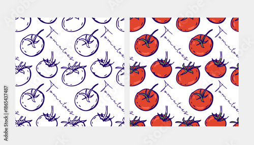 Seamless patterns with tomato. Fresh farm vegetables and inscription. Set of patterns. Monochrome and colored tomato backgrounds. Mediterranean diet wallpaper, wrapping paper. Repeated print. 