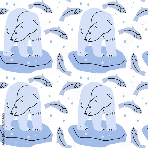 Seamless pattern with Polar Bear. Bear standing on ice floe, hunting fish in Arctic Ocean. Wildlife conservation. Vector illustrations of Wild animal of Arctic Circle. Arctic white north animal.