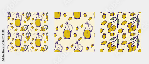 Set of patterns with olive oil. Seamless Olive Backgrounds with Olive Oil Bottle and Fruits. Hand drawn doodle sketch for Mediterranean diet wallpaper, wrapping paper, packaging, fabric. Set of three.