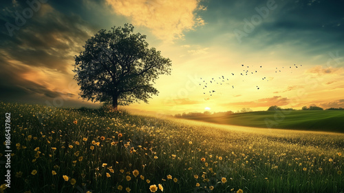 sunset over the field with a big tree