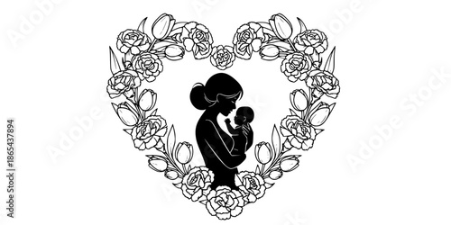 Mother holding baby silhouette inside floral heart wreath with carnations and tulips black and white vector