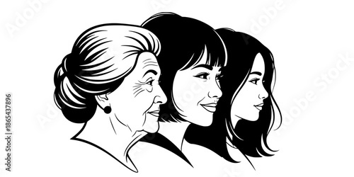 Three generations of women side profile silhouettes grandmother mother and daughter lineage vector illustration