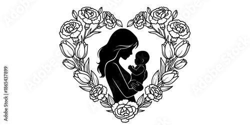 Mother holding baby silhouette inside floral heart wreath with carnations and tulips black and white vector