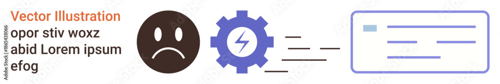 Obraz premium Workflow automation, productivity, data transfer, efficiency solutions, system optimization, business tools. Sad face, gear with lightning bolt speeding document. Workflow automation