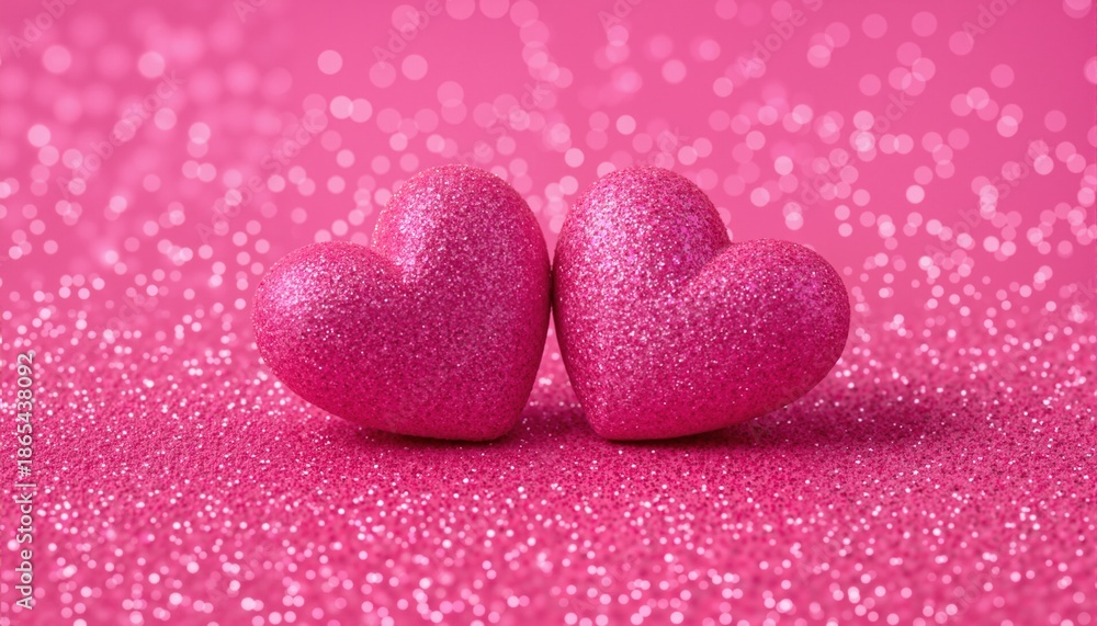 Fototapeta premium Two Hearts On Piсnk Glitter In Shiny Background - Valentine's Day Concept 